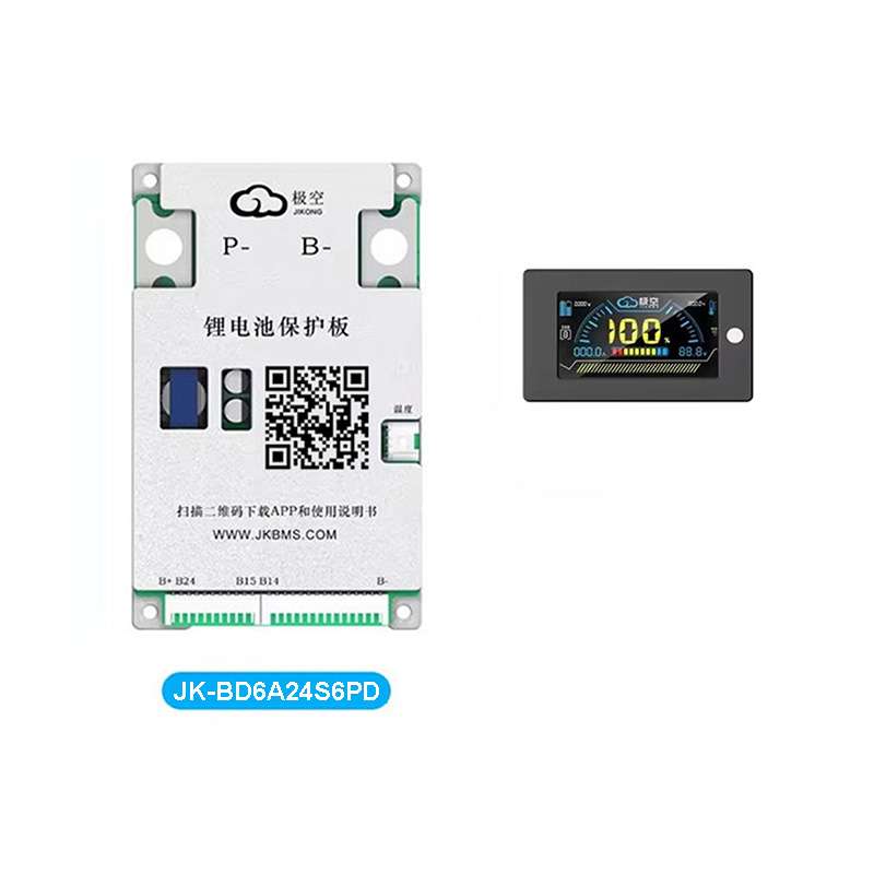 JKBMS JK-BD6A24S6PD Smart Active Balance BMS (8S-24S, 60A) — BT/Display - a white rectangular battery management system board with ports and a QR code, alongside a small black digital display screen.
