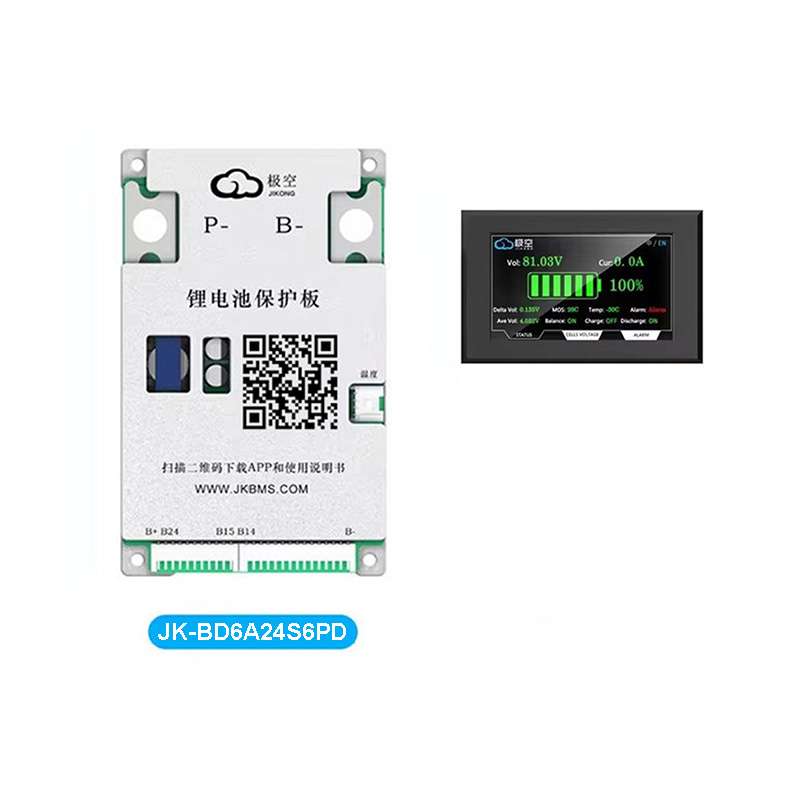 JKBMS JK-BD6A24S6PD Smart Active Balance BMS (8S-24S, 60A) — BT/Display - a silver rectangular battery management system board with ports and a QR code, alongside a small digital display screen.