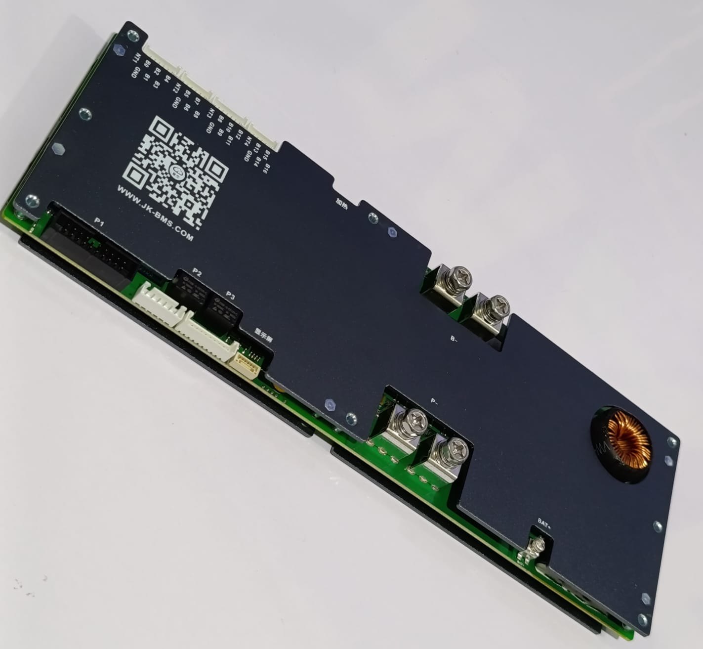 Jkbms PB1A16S15P Smart Inverter BMS 8s - 16S 24V 48V 150A Family Energy Storage LiFePO4/li-ion/lto - a black rectangular circuit board with multiple screw terminals, a QR code, and various white connector ports.