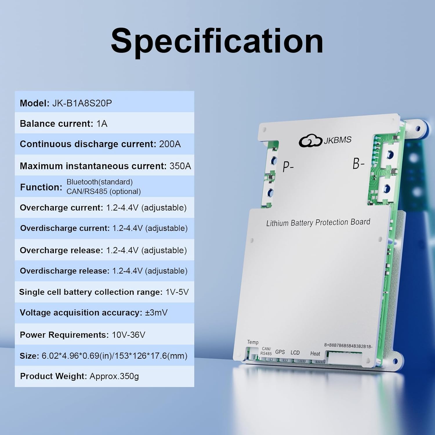 Jkbms Smart BMS 4s-8s 200A 1A Active Balance Build-in Bluetooth With RS485 PCB Battery Protection Board For LiFePO4 Li-ion Lto Battery Pack（JK-B1A8S20P） - a white rectangular unit with P- and B- terminals, side ports, and an overlaid table of technical specifications.