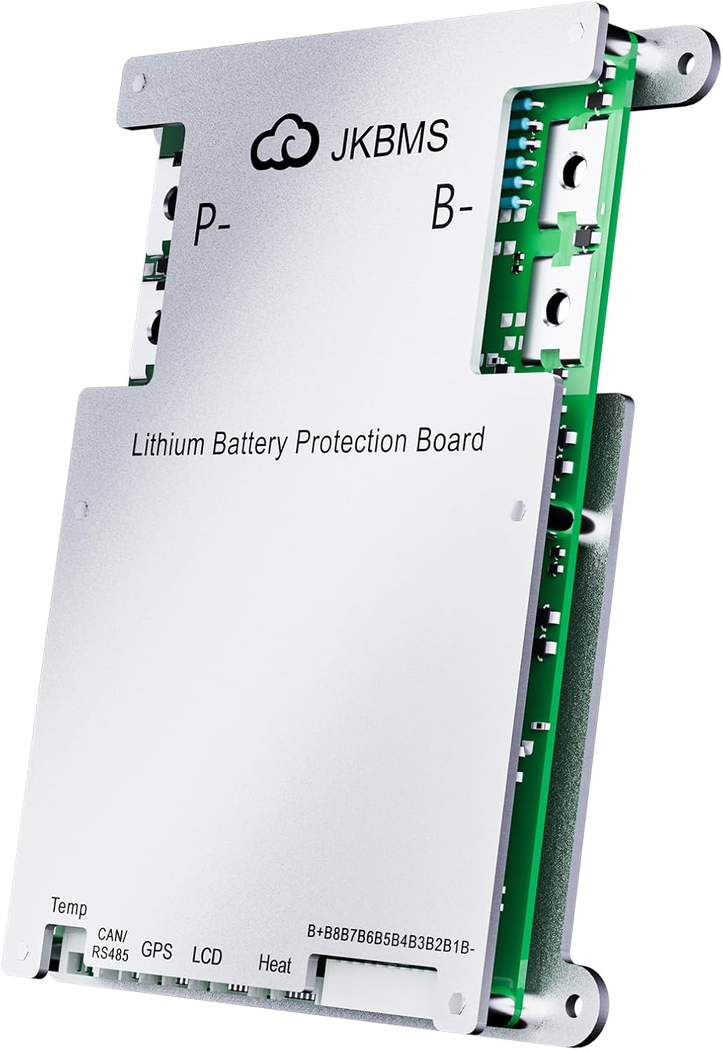 Jkbms Smart BMS 4s-8s 200A 1A Active Balance Build-in Bluetooth With RS485 PCB Battery Protection Board For LiFePO4 Li-ion Lto Battery Pack（JK-B1A8S20P） - a silver metal-cased battery protection board with visible P- and B- terminals, and ports labeled Temp, CAN/RS485, GPS, LCD, and Heat.