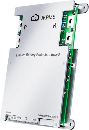 Jkbms Smart BMS 4s-8s 200A 1A Active Balance Build-in Bluetooth With RS485 PCB Battery Protection Board For LiFePO4 Li-ion Lto Battery Pack（JK-B1A8S20P） - a silver metal-cased battery protection board with visible P- and B- terminals, and ports labeled Temp, CAN/RS485, GPS, LCD, and Heat.