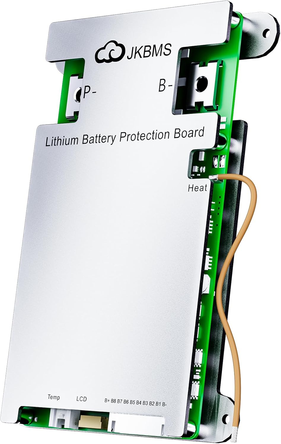 Jkbms Smart BMS With Heat Can RS485 4s-8s 12V-24V 100A 1A Active Balance With Bluetooth Battery Protection Board For LiFePO4 Li-ion Lto Battery Pack... - a silver and green rectangular circuit board with P-, B-, Heat, Temp, LCD, and B+ to B- terminal ports.