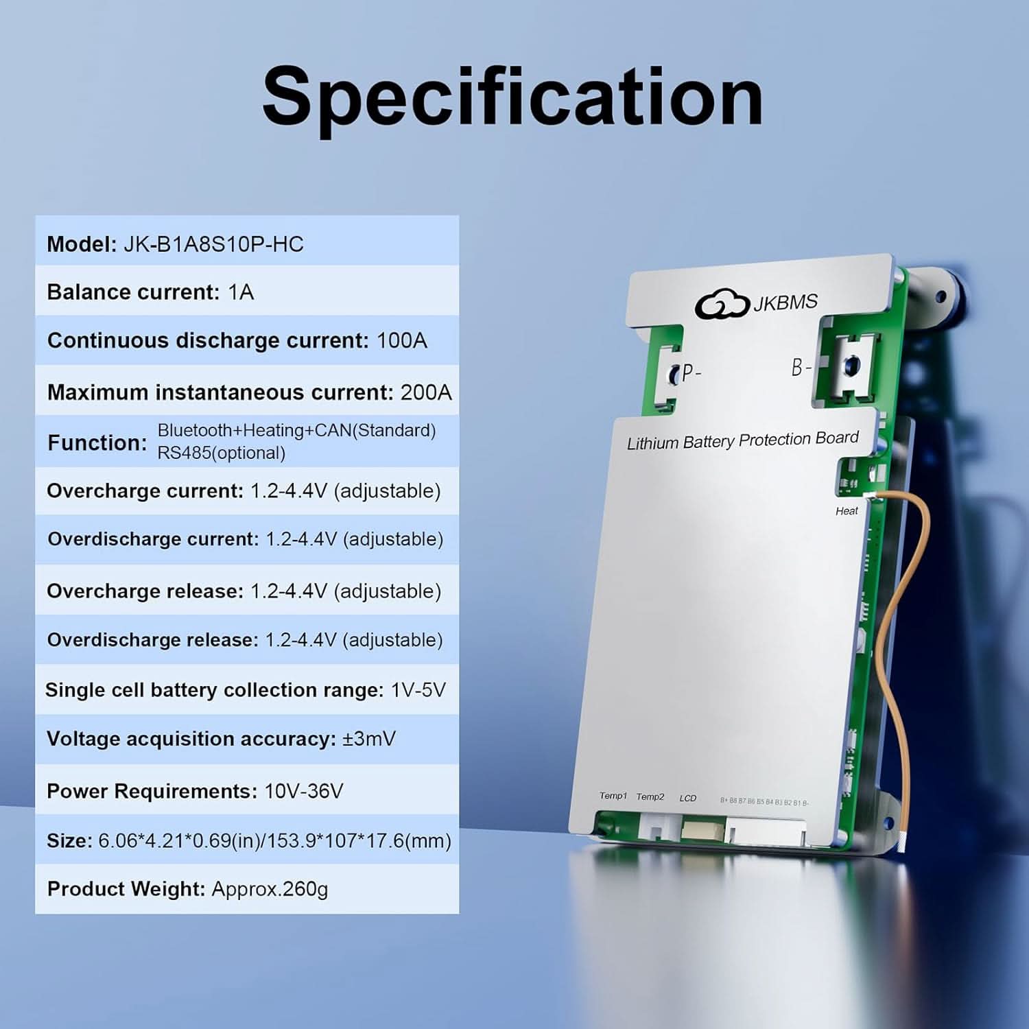 JKBMS Smart BMS with Heat CAN RS485 4S-8S 12V-24V 100A 1A Active Balance with Bluetooth Battery Protection Board