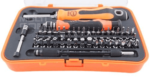 JM-6092A 57 In 1 Multi-functional Screwdriver Hand Tool Set Household - an open orange plastic case containing two handles, an extension rod, and an assortment of metal bits.