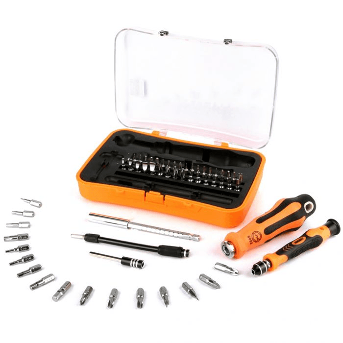 JM-6092A 57 In 1 Multi-functional Screwdriver Hand Tool Set Household - an orange storage case with various metal bits, two screwdriver handles, and extension rods.