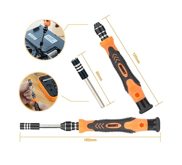 JM-6092A 57 In 1 Multi-functional Screwdriver Hand Tool Set Household - the orange and black handle, an extension rod, and dimension diagrams for the tool.