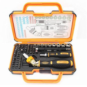 Jm-6111 69 In 1 Screwdriver Ratchet Hand-tools Suite Furniture Computer Electrical Maintenance Tools - set in an open orange plastic carrying case, showing a ratchet handle, extension bars, and various bits and sockets.