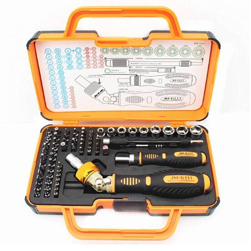 Jm-6111 69 In 1 Screwdriver Ratchet Hand-tools Suite Furniture Computer Electrical Maintenance Tools - set in an open orange plastic carrying case, showing a ratchet handle, extension bars, and various bits and sockets.