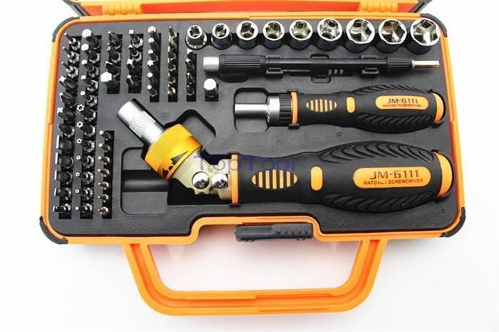 Jm-6111 69 In 1 Screwdriver Ratchet Hand-tools Suite Furniture Computer Electrical Maintenance Tools - an open orange carrying case containing a ratchet screwdriver, an extension bar, and various bits and sockets.