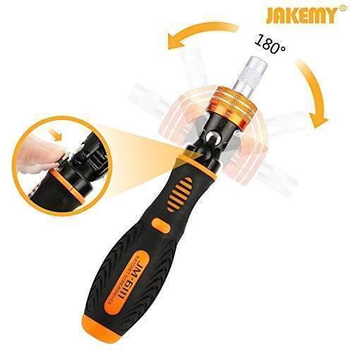 Jm-6111 69 In 1 Screwdriver Ratchet Hand-tools Suite Furniture Computer Electrical Maintenance Tools - with a black and orange handle, showing the adjustable 180-degree pivoting head and a close-up of the locking mechanism.