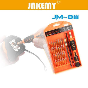 Jm-8111 33 In 1 Screwdriver Ratchet Hand-tools Suite Furniture Computer Electrical Maintenance Tools - set in an orange plastic case, shown with a hand holding the screwdriver handle to unscrew a black tape measure.
