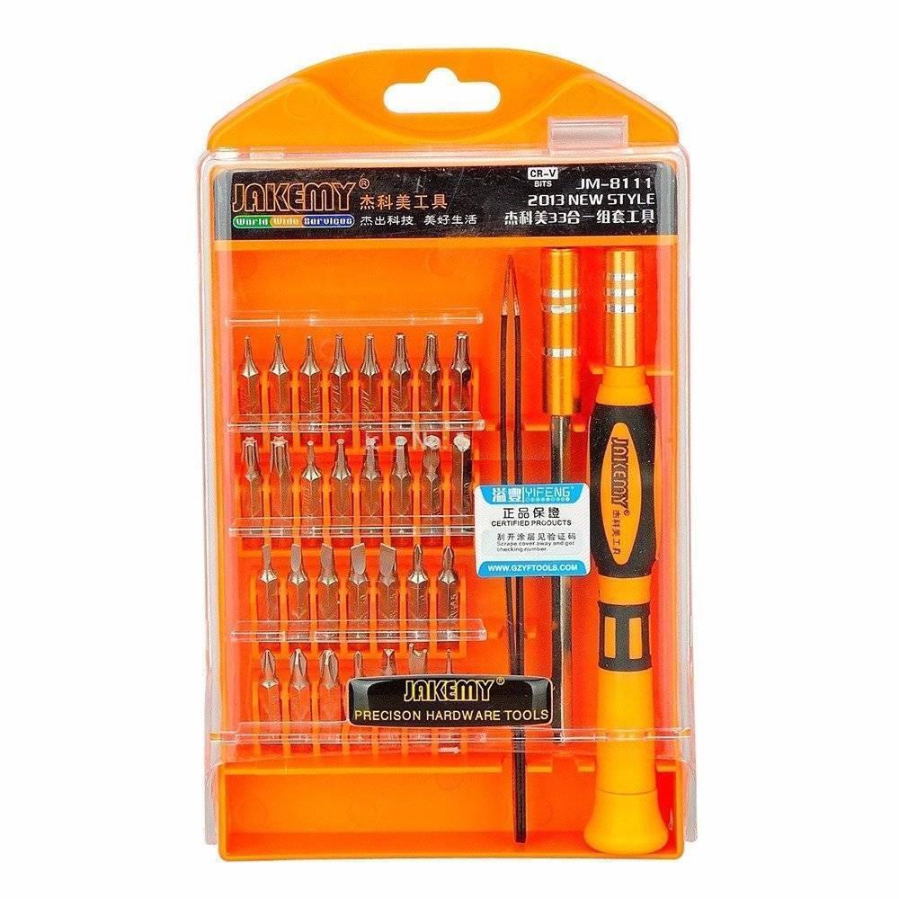 Jm-8111 33 In 1 Screwdriver Ratchet Hand-tools Suite Furniture Computer Electrical Maintenance Tools - Jakemy JM-8111 33-in-1 screwdriver set in orange plastic packaging, showing a screwdriver handle, extension bar, and various metal bits arranged in rows.