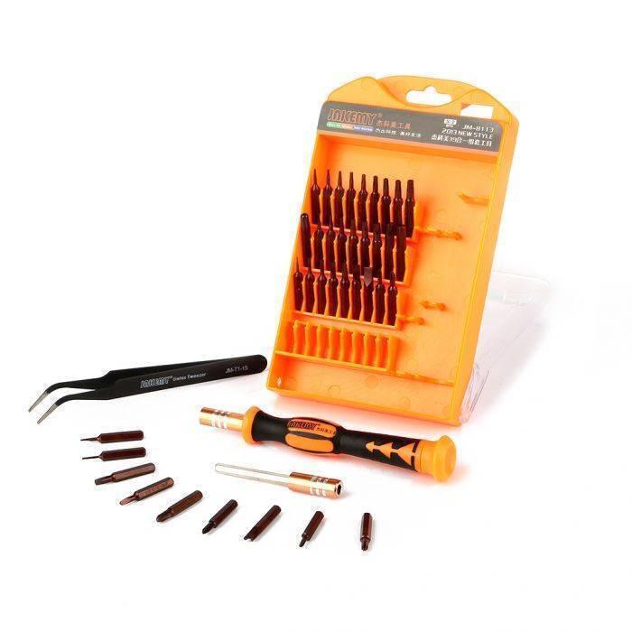 Jm-8113 39 In 1 Screwdriver Ratchet Hand-tools Suite Furniture Computer Electrical Maintenance Tools - an orange plastic case with bits, a screwdriver handle, an extension bar, and black tweezers on a white background.