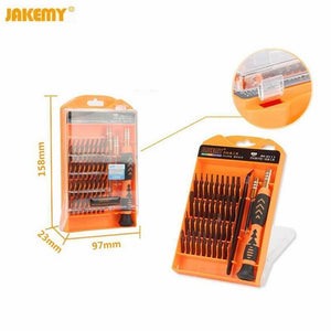 Jm-8113 39 In 1 Screwdriver Ratchet Hand-tools Suite Furniture Computer Electrical Maintenance Tools - the orange plastic case, dimensions, and an open view of the screwdriver handle, tweezers, and bits.