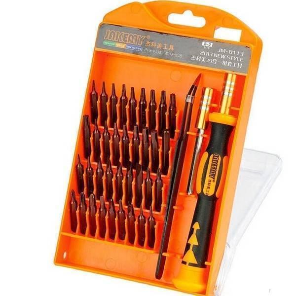 Jm-8113 39 In 1 Screwdriver Ratchet Hand-tools Suite Furniture Computer Electrical Maintenance Tools - Jakemy JM-8113 39-in-1 screwdriver set in an open orange plastic storage case containing various screwdriver bits, a handle, and a pair of tweezers.