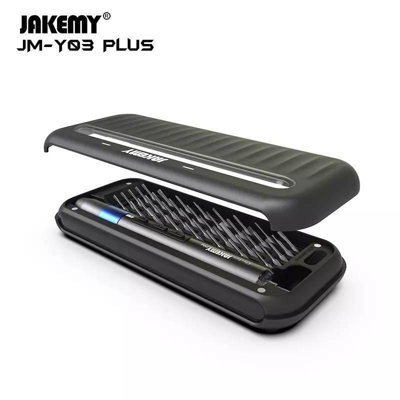JM-Y03 Plus 43 In 1 Dual Dynamics Precision Electric Screwdriver JM-Y03 Plus - set in an open black storage case with a grey handle and multiple precision bits arranged in slots.