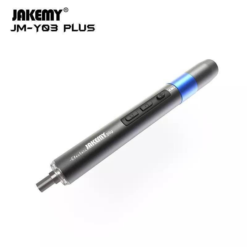 JM-Y03 Plus 43 In 1 Dual Dynamics Precision Electric Screwdriver JM-Y03 Plus - a grey cylindrical handheld tool with two black control buttons and a blue accent ring, isolated on a white background.