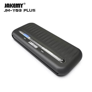 JM-Y03 Plus 43 In 1 Dual Dynamics Precision Electric Screwdriver JM-Y03 Plus - shown inside its black, rectangular, textured storage case with a transparent window revealing the tool inside.