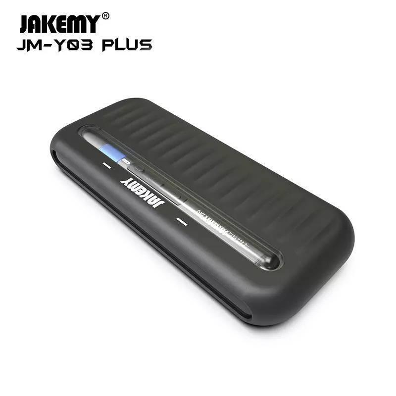 JM-Y03 Plus 43 In 1 Dual Dynamics Precision Electric Screwdriver JM-Y03 Plus - shown inside its black, rectangular, textured storage case with a transparent window revealing the tool inside.