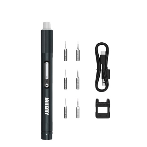 JM-Y05 Precision Electric Screwdriver Set Rechargeable Computer Mobile Phone Repair Electric Batch Electric Screwdriver - a dark grey electric screwdriver, six screwdriver bits, a charging cable, and a magnetizer accessory.