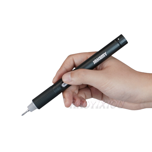 JM-Y05 Precision Electric Screwdriver Set Rechargeable Computer Mobile Phone Repair Electric Batch Electric Screwdriver - a black cylindrical handheld electric tool with a silver tip and a grey control button, held in a person's hand.