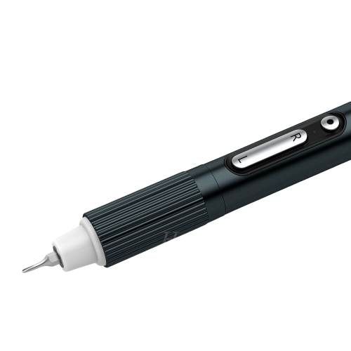 JM-Y05 Precision Electric Screwdriver Set Rechargeable Computer Mobile Phone Repair Electric Batch Electric Screwdriver - a close-up showing the dark grey cylindrical handle, a white tip with a bit, and a silver L/R toggle button.