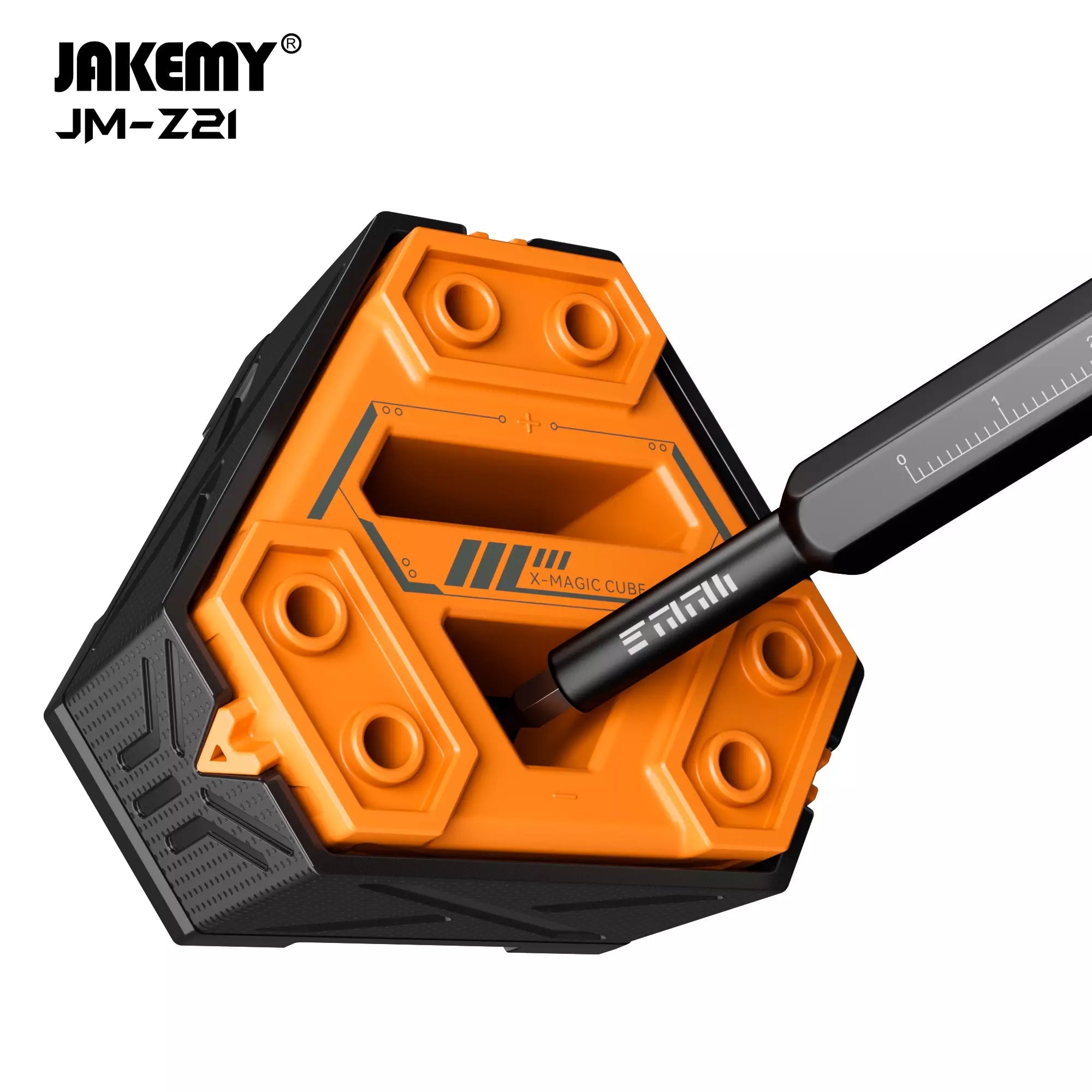 JM-Z21 Cube-shaped Magnetizer – Digilog.pk - an orange and black hexagonal tool with a screwdriver bit inserted into its central slot against a white background.