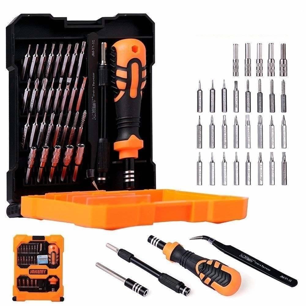 JM8160 Jakemy 33 In 1 Multifunctional DIY Screwdriver Set Jm-8160 - an orange and black screwdriver handle, various bits, an extension rod, and tweezers.