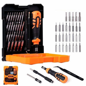 JM8160 Jakemy 33 In 1 Multifunctional DIY Screwdriver Set Jm-8160 - an orange and black screwdriver handle, various bits, an extension rod, and tweezers.