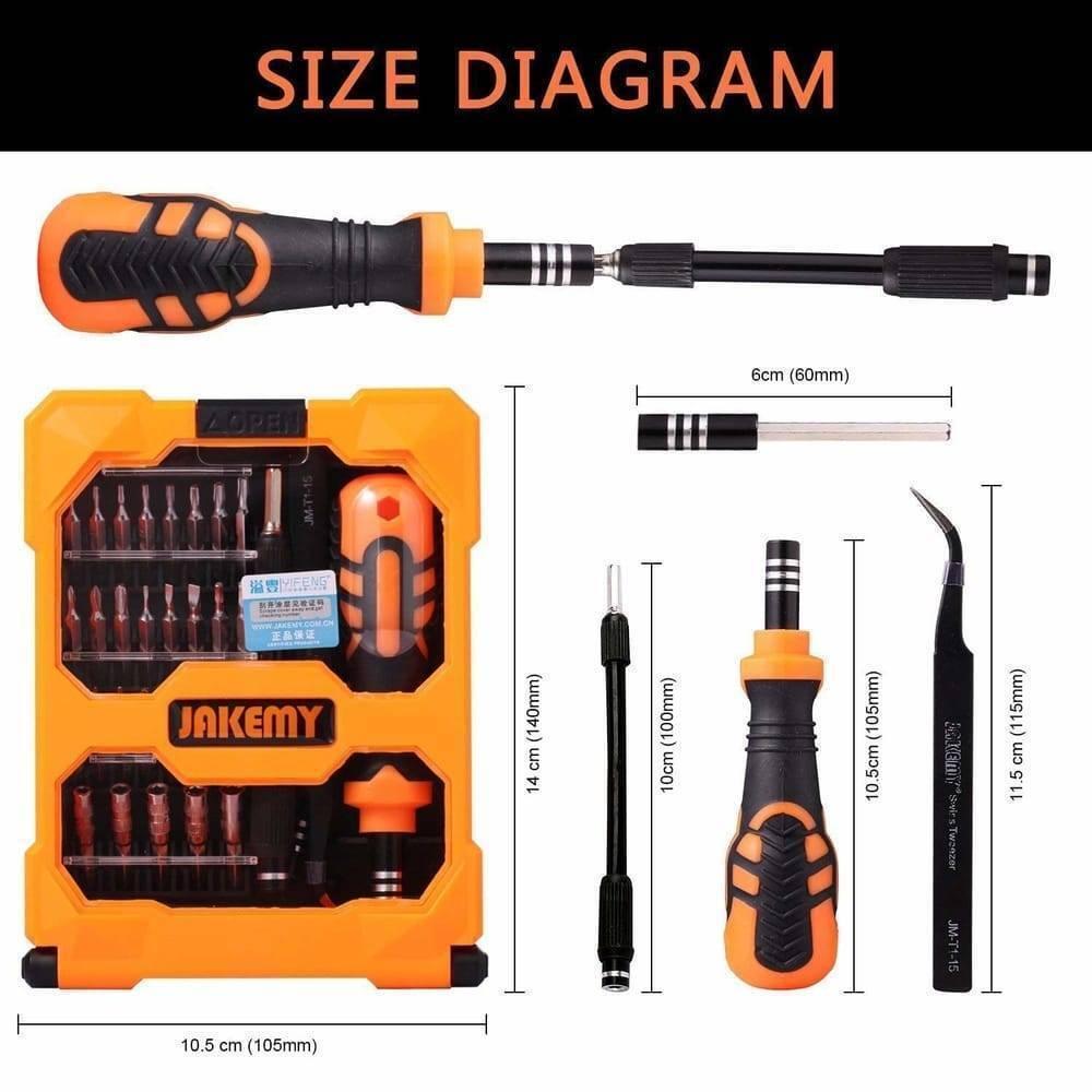 JM8160 Jakemy 33 In 1 Multifunctional DIY Screwdriver Set Jm-8160 - shown in a size diagram with its orange and black case, handle, extension bar, and tweezers.