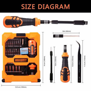JM8160 Jakemy 33 In 1 Multifunctional DIY Screwdriver Set Jm-8160 - shown in a size diagram with its orange and black case, handle, extension bar, and tweezers.