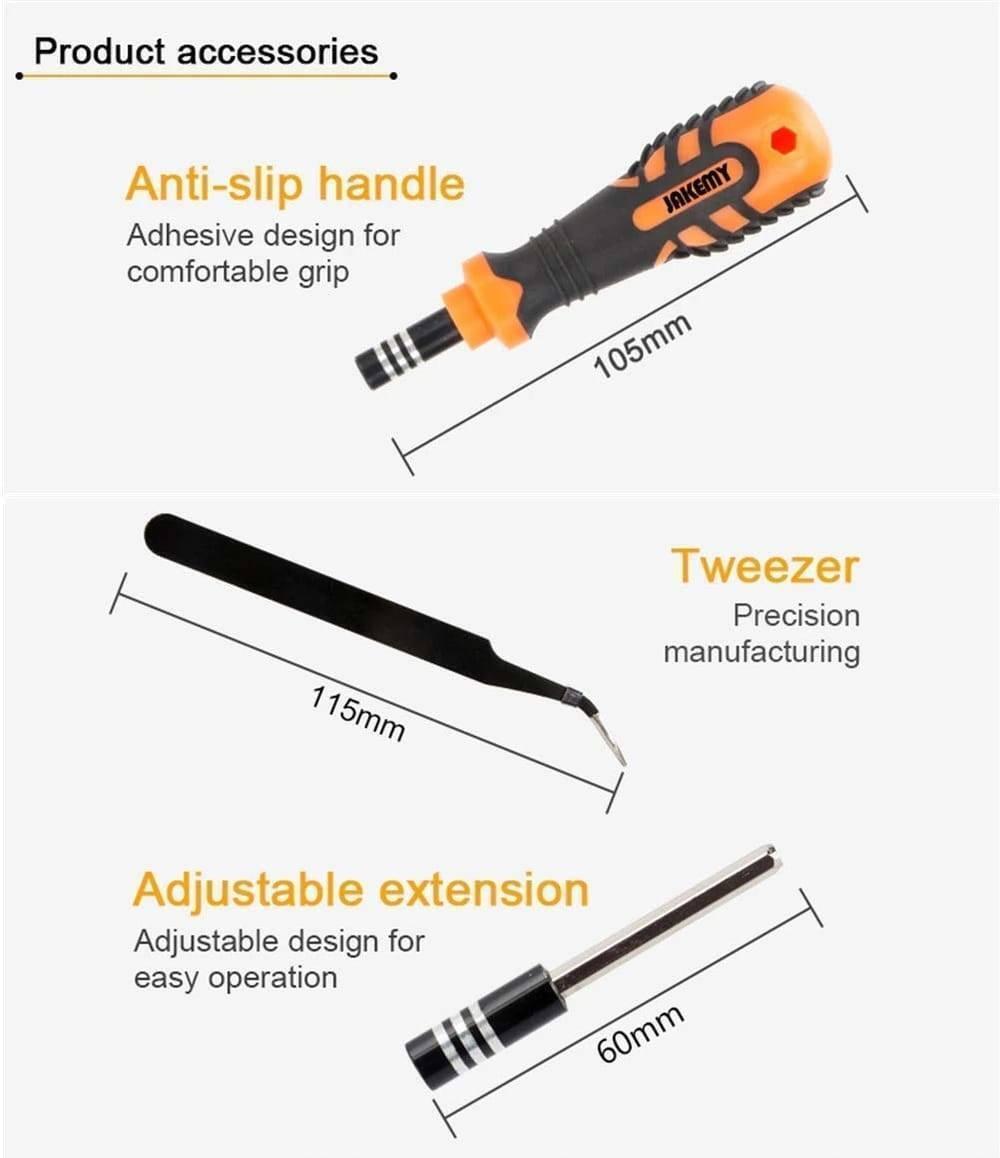 JM8160 Jakemy 33 In 1 Multifunctional DIY Screwdriver Set Jm-8160 - an orange and black handle, a bent-tip tweezer, and an extension rod with dimensions.
