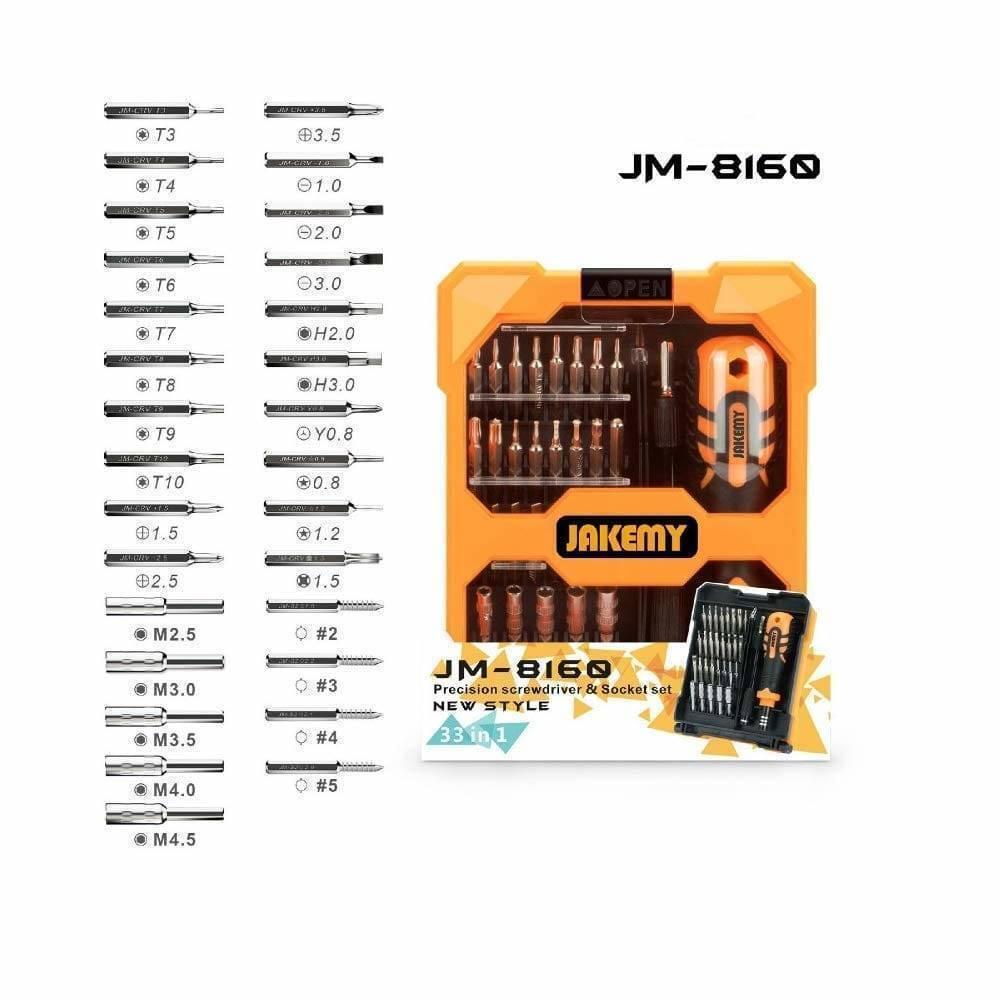 JM8160 Jakemy 33 In 1 Multifunctional DIY Screwdriver Set Jm-8160 - an orange and black storage case with a screwdriver handle and an array of 33 metal bits and sockets.
