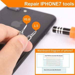 JM8160 Jakemy 33 In 1 Multifunctional DIY Screwdriver Set Jm-8160 - two screwdriver bits, a handle, and an iPhone 7 repair diagram.