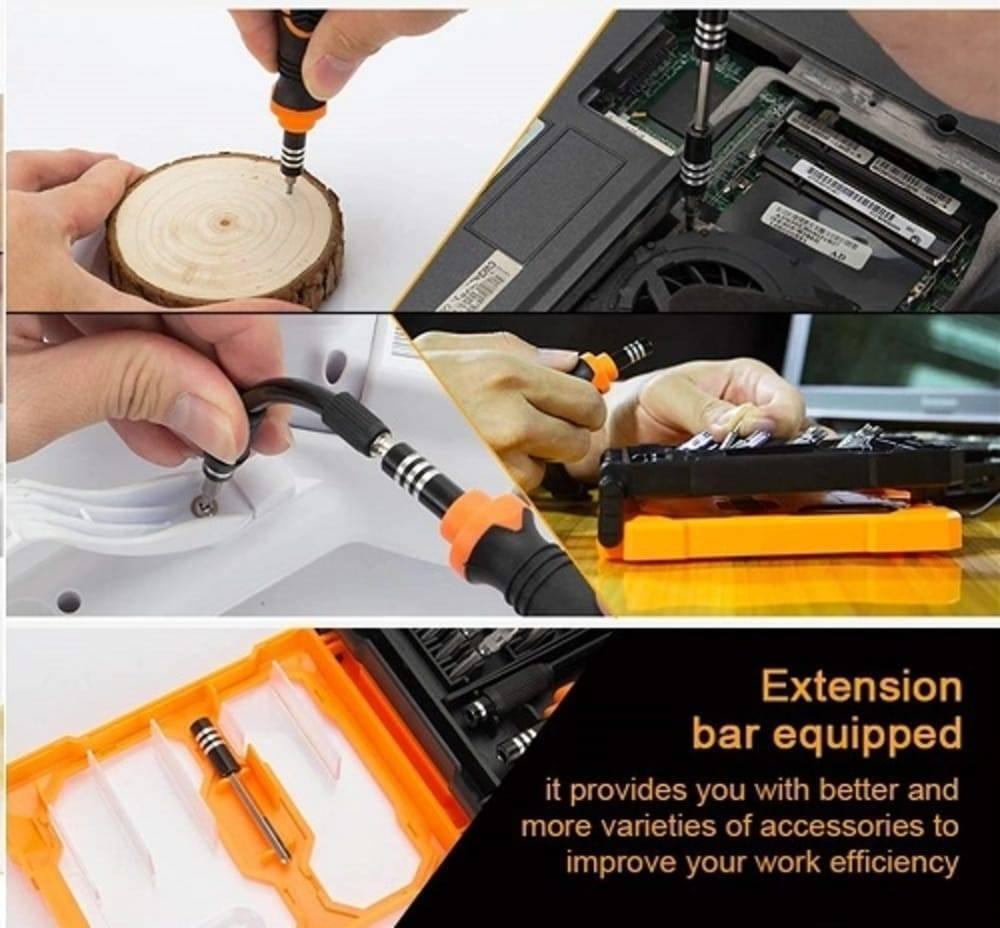 JM8160 Jakemy 33 In 1 Multifunctional DIY Screwdriver Set Jm-8160 - various assembly configurations, an extension bar, and the kit in its orange case.