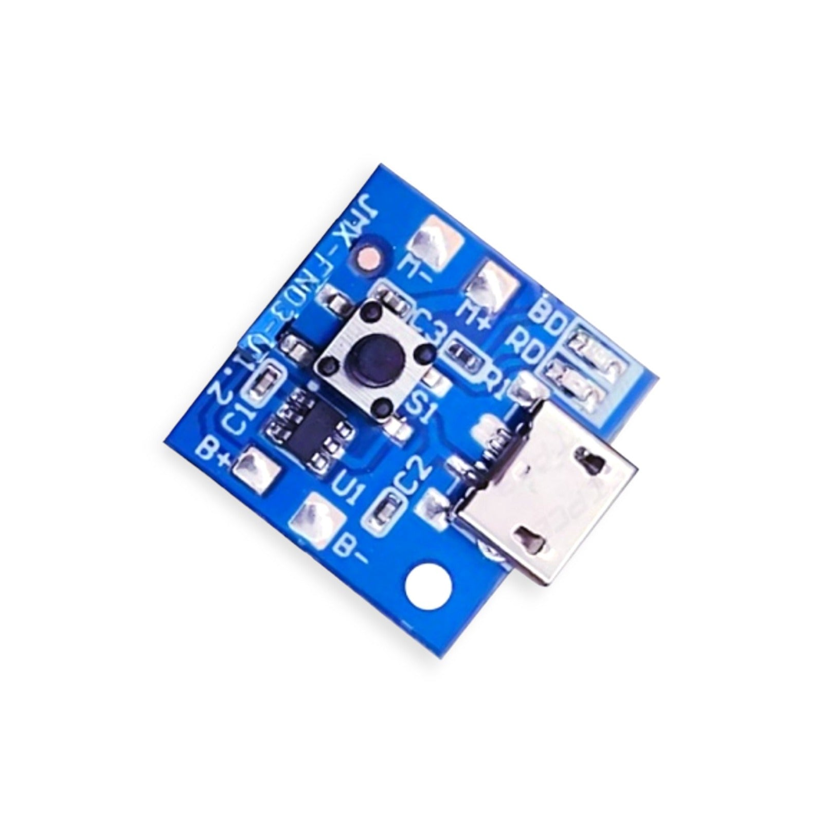 JMX-FN03-U1.2 3 Step Fan Speed Control Mini Rechargeable Fan Circuit 3.7V-4.2V Small Fan Motherboard Low Voltage Fan Circuit 3.7V Circuit Rechargeable Circuit With 3 Level Speed Control For 18650 Battery 3.7V Battery - a blue square module featuring a micro-USB port, a central push button, and labeled connection pads for battery and motor.