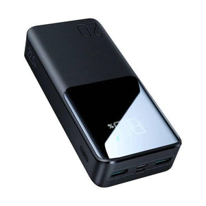 Joyroom JR-QP192 22.5W 20000mAh Ultra-fast Charging Power Bank - a black rectangular device with a digital percentage display, side button, and multiple USB ports.