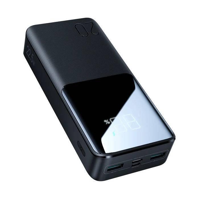 Joyroom JR-QP192 22.5W 20000mAh Ultra-fast Charging Power Bank - a black rectangular device with a digital percentage display, side button, and multiple USB ports.