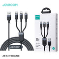 Joyroom S-A18-1T3 30W 3-in-1 Fast Charging Cable Type-c To L+c+m 1.2m - Black - braided cable with USB-A, Lightning, Type-C, and Micro-USB connectors alongside its retail packaging box.