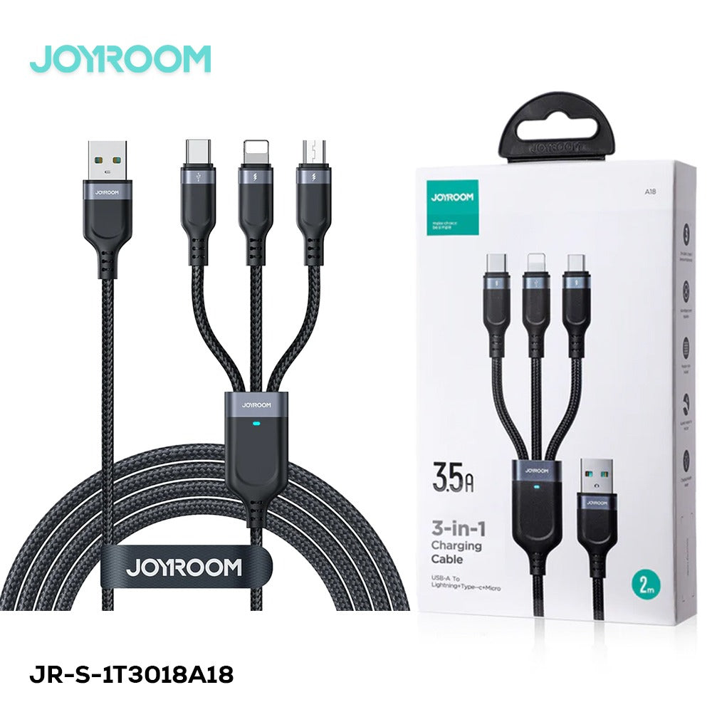 Joyroom S-A18-1T3 30W 3-in-1 Fast Charging Cable Type-c To L+c+m 1.2m - Black - braided cable with USB-A, Lightning, Type-C, and Micro-USB connectors alongside its retail packaging box.
