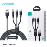 Joyroom S-A18-1T3 30W 3-in-1 Fast Charging Cable Type-c To L+c+m 1.2m - Black - braided cable with USB-A, Lightning, Type-C, and Micro-USB connectors alongside its retail packaging box.