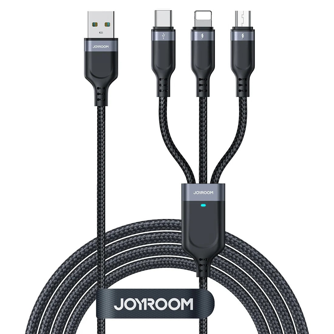 Joyroom S-A18-1T3 30W 3-in-1 Fast Charging Cable Type-c To L+c+m 1.2m - Black - braided cable with a USB-A input and three output connectors: USB-C, Lightning, and Micro-USB.