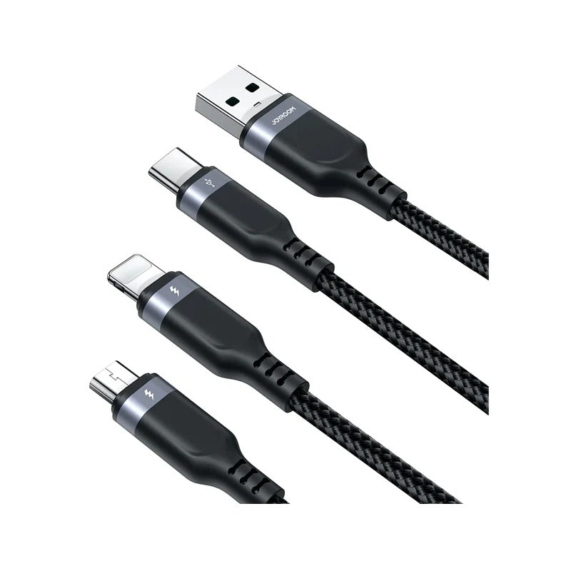 Joyroom S-A18-1T3 30W 3-in-1 Fast Charging Cable Type-c To L+c+m 1.2m - Black - braided cord splitting into a USB-A connector, a USB-C connector, a Lightning connector, and a Micro-USB port.