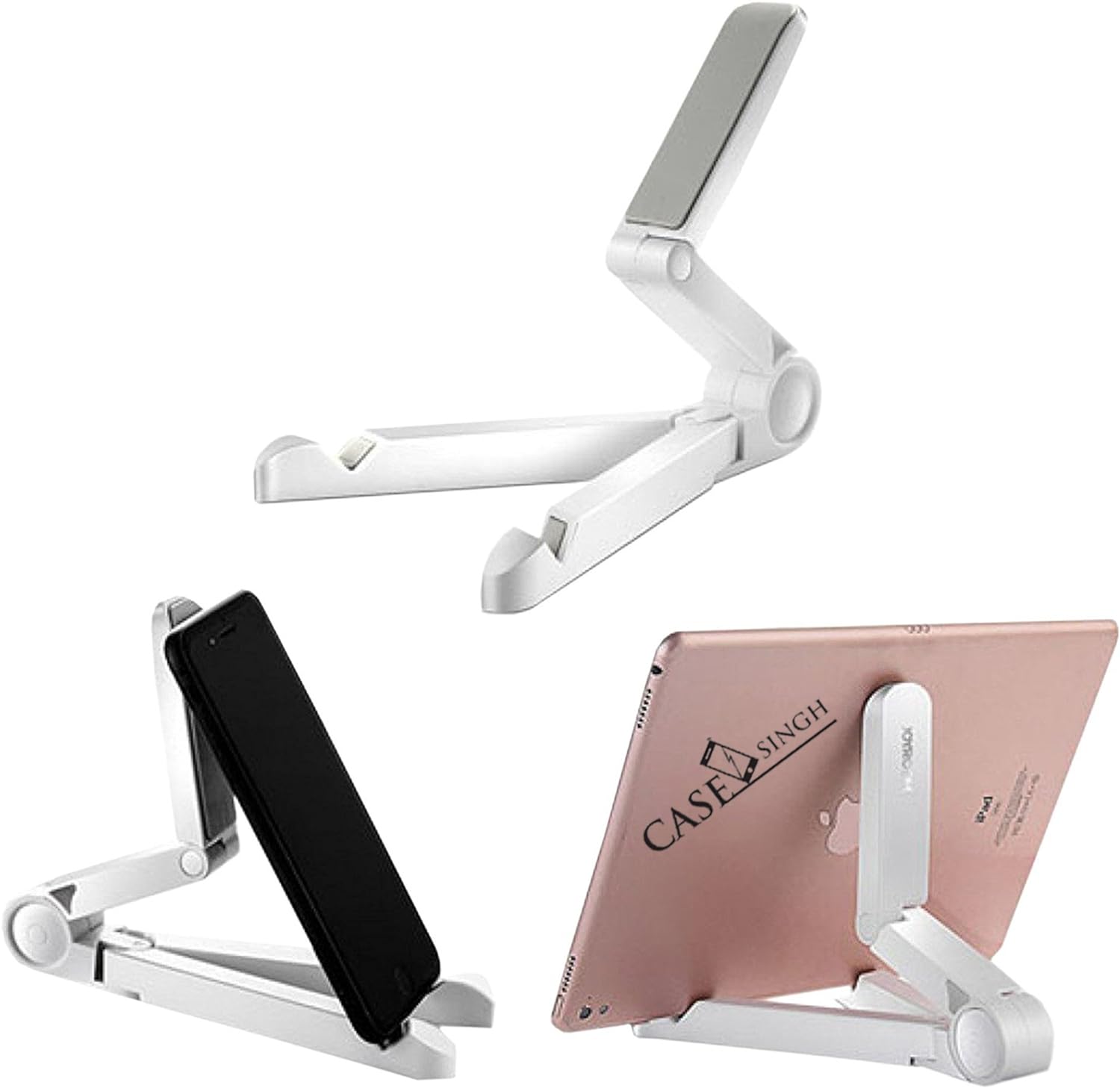 Joyroom ZS120 Desktop Tab Holder Mobile Holder Foldable Bracket White - shown in three configurations, including holding a black smartphone and a tablet.