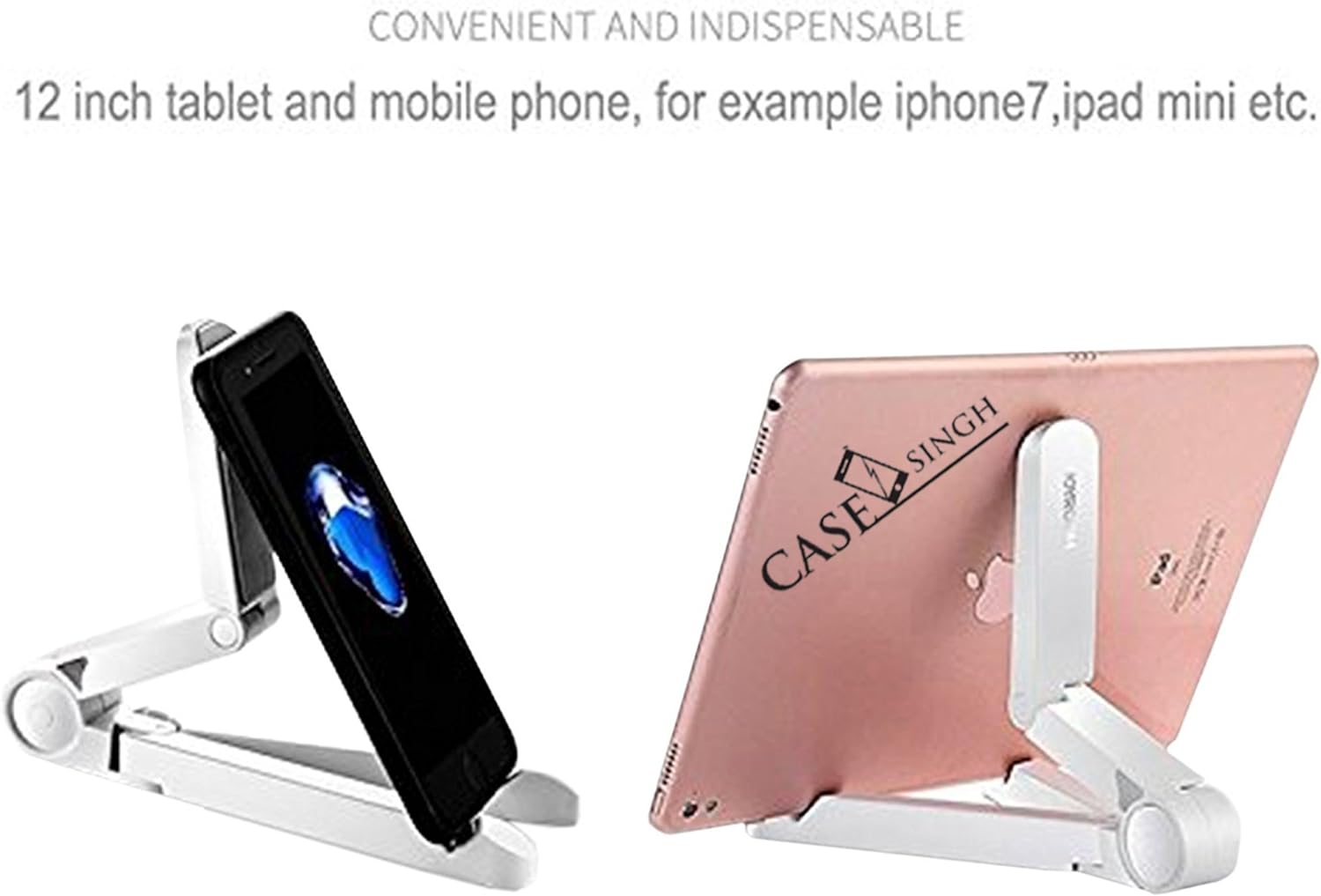 Joyroom ZS120 Desktop Tab Holder Mobile Holder Foldable Bracket White - shown in two configurations, holding a black smartphone and a rose gold tablet.
