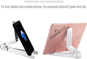 Joyroom ZS120 Desktop Tab Holder Mobile Holder Foldable Bracket White - shown in two configurations, holding a black smartphone and a rose gold tablet.