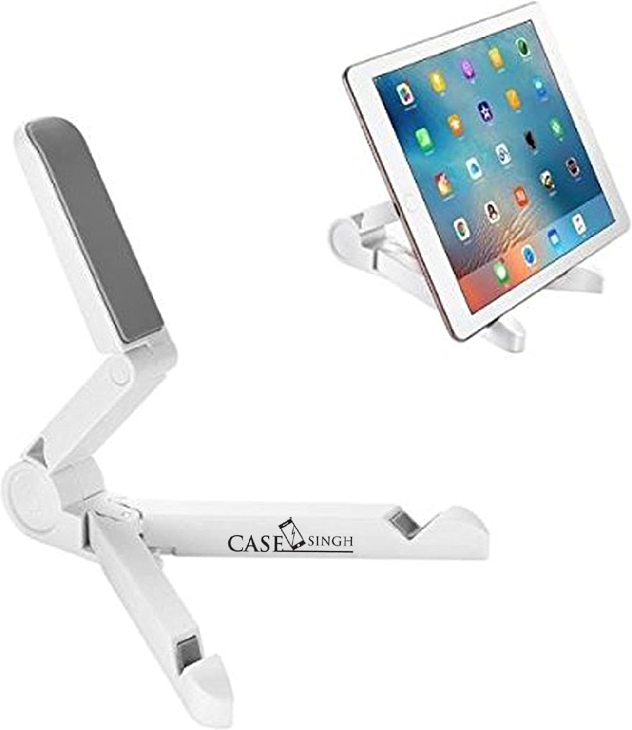Joyroom ZS120 Desktop Tab Holder Mobile Holder Foldable Bracket White - shown in a folded position and holding a tablet displaying a home screen.