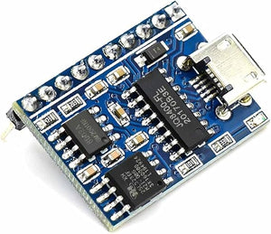 JQ8400-FL Voice Serial Port Control USB Copy Synthesis Music Chip Voice IC Module - a blue rectangular circuit board featuring a micro-USB port, multiple integrated chips, and a row of gold-plated header pins.