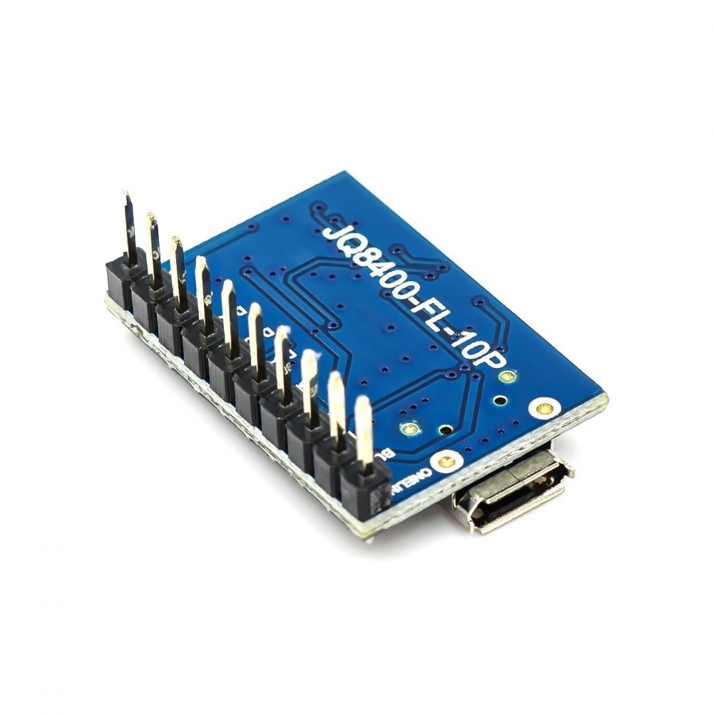 JQ8400-FL Voice Serial Port Control USB Copy Synthesis Music Chip Voice IC Module - a blue rectangular circuit board featuring a row of ten vertical header pins and a micro-USB port on the side.